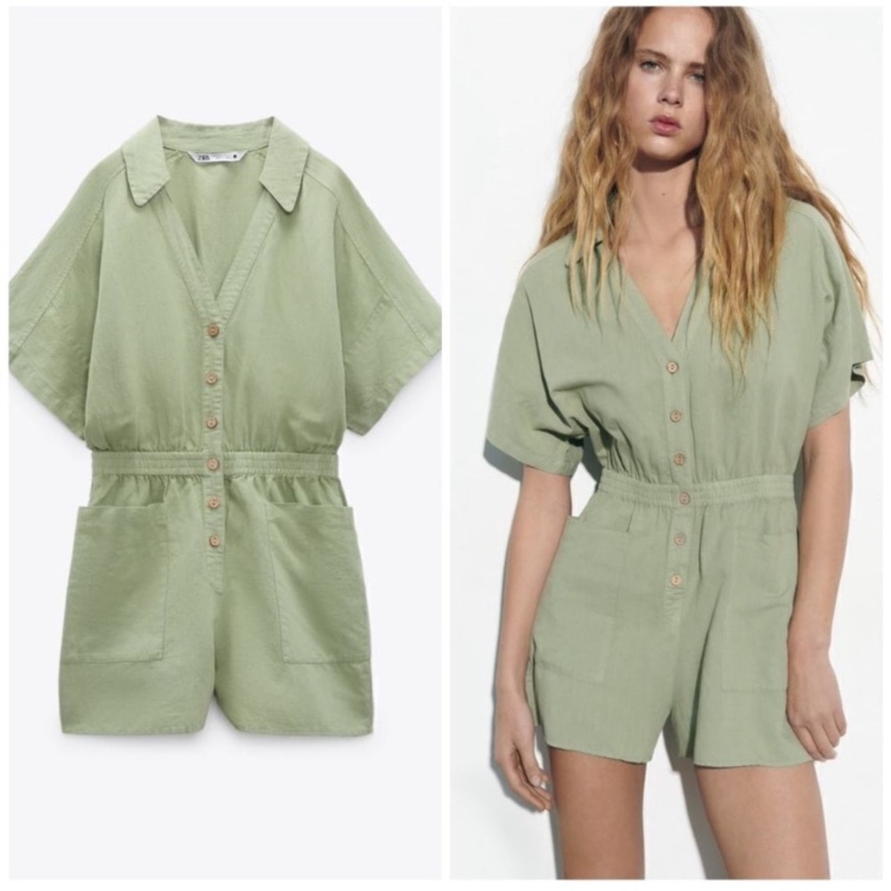 ZARA Linen Blend Pistachio Green Shirt Short Style Jumpsuit Romper Patch Pockets